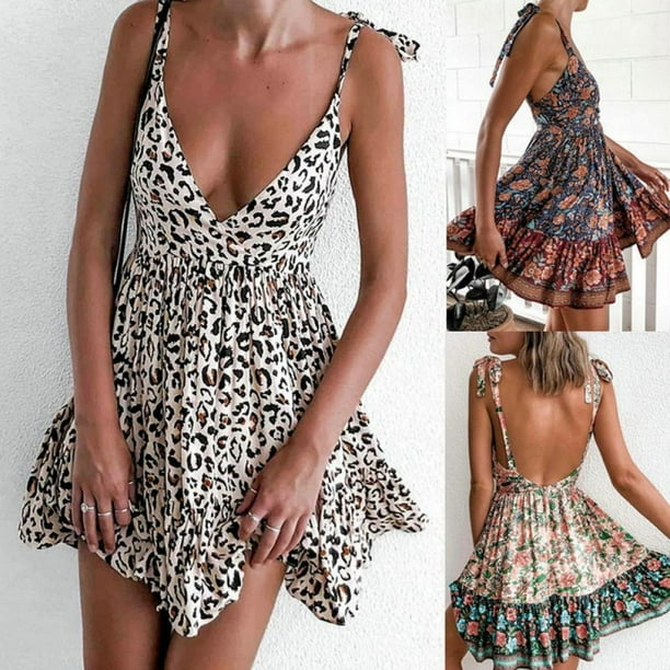 Women Print V Neck Backless Suspender Dress Holiday Summer Beach Ruffle Dresses